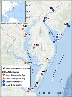 Skew Surge and Storm Tides of Tropical Cyclones in the Delaware and Chesapeake Bays for 1980–2019